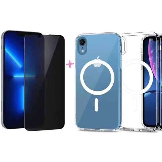 Kit Capa MagSafe Transparente + Película Vidro 3D Privacidade P/ iPhone XR