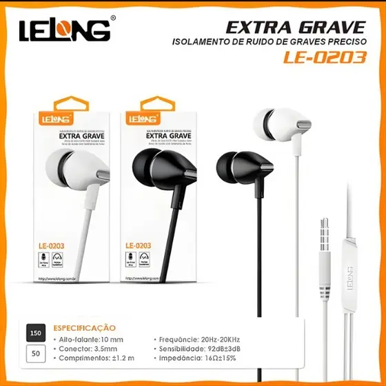 Fone de Ouvido com Fio Sem Ruídos Extra Grave LE-0203