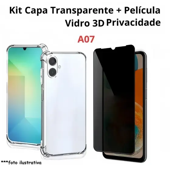 Kit Capa Capinha Anti-Impacto Transparente + Película 3D Privacidade P/ A07