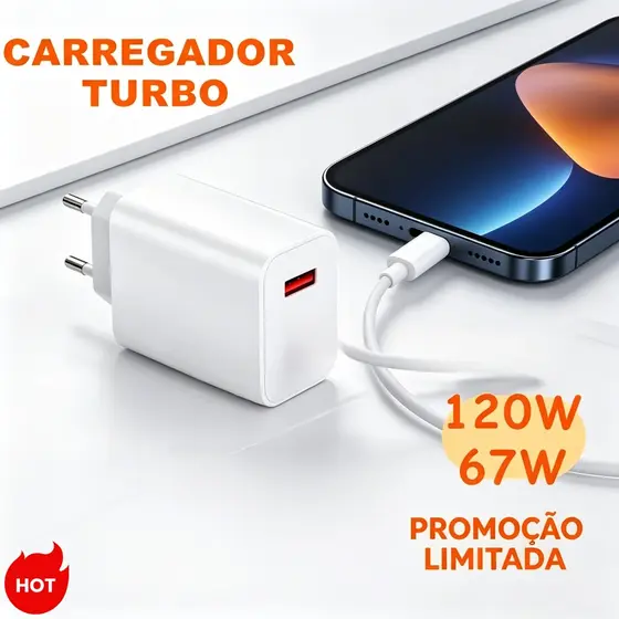 KIT Adaptador de Carga Turbo 67W /120W Tipo C + USB C cabo 1M Instantânea para