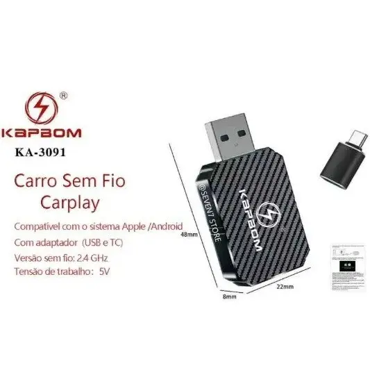 Carplay Adaptador Sem Fio USB Wireless Automático - Para Carro Kapbom