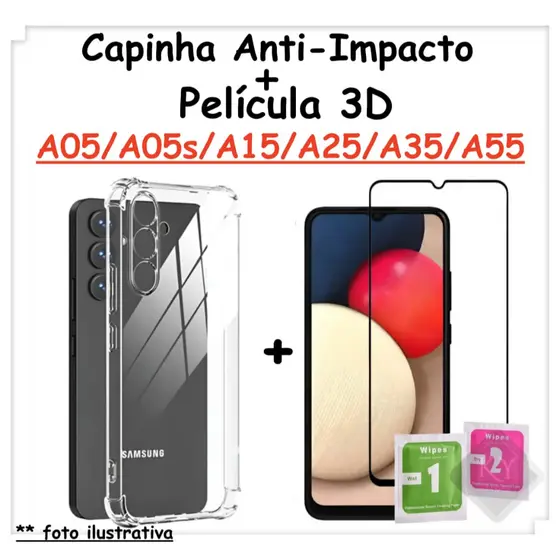 Capa Capinha Anti Impacto + Película 3D Para Samsung A05/A05s/A15/A25/A35/A55 Vários Modelos