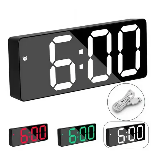 Relógio Digital de Parede LED com Alarme, Brilho Ajustável e Controle de Voz - Preto e Branco