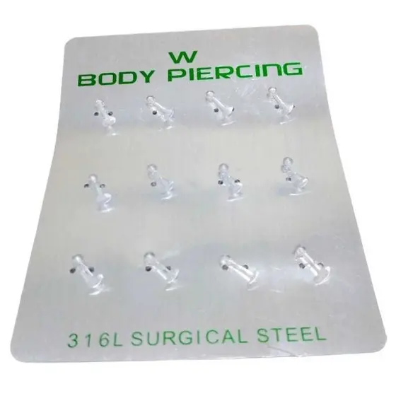 Cartela Kit 12 Unidades de Piercing Labret Tragus Medusa Transparente 8m Queixo Silicone Flexíveis
