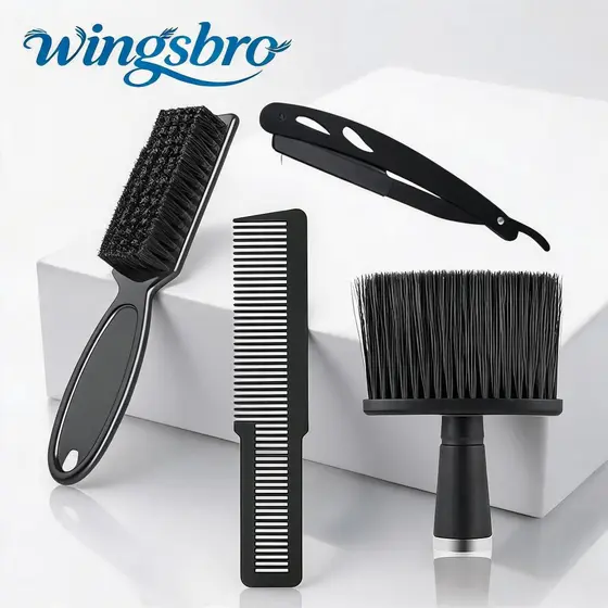 Kit profissional para barba e bigode ameixa seca com navalha e escova, pente para pelos faciais masculinos - Barbeiro Escova De Cabelo Pente  (preto)