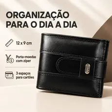 Carteira Masculina Grande com Porta Cartão Cabe RG CNH Bolso de Ziper Para Moeda e Plástico para Documentos