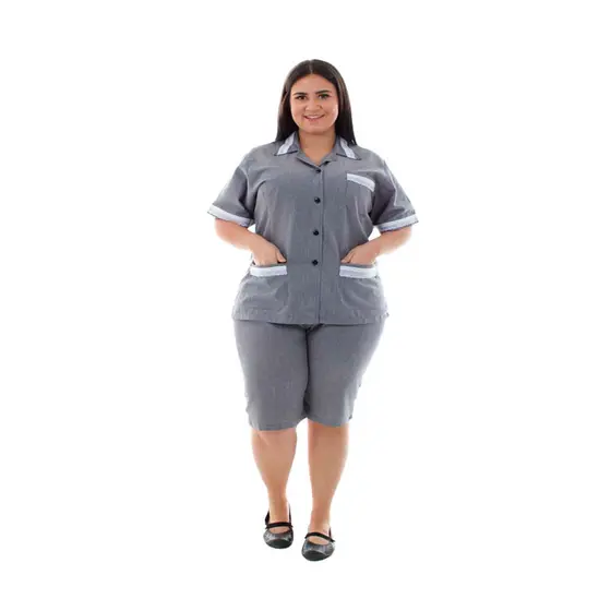 Plus Size - Conjunto de Bermuda e Jaleco em Tecido Algodão para Copeira, Faxineira, Doméstica
