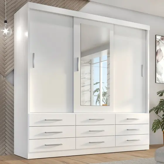 Guarda Roupa Casal Capri 3 Portas Correr 9 Gavetas Com Espelho