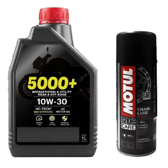 ÓLEO DE MOTOR PARA MOTO MOTOCICLETA MOTUL 5000+ 10W30 1L SEMI SINTÉTICO + LUBRIFICANTE DE CORRENTE MOTUL C2 200ML