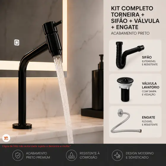 Kit Torneira Banheiro Preta Alta Luxo Completo Com Válvula Lavatório Sifão Universal Engate Flexível Premium