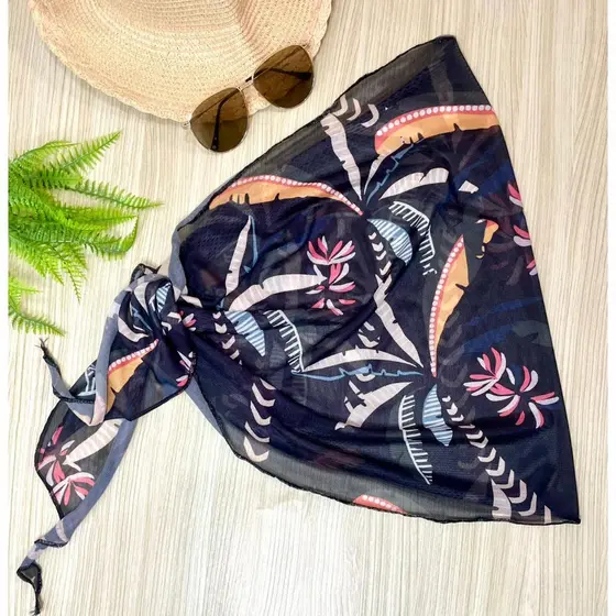 Canga em Malha de Tule Saída de Praia Verão Moda Praia Linhas Tropicais