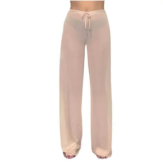 Calça em Malha de Tule Saída de Praia Verão Moda Praia Linhas Tropicais Nude Rosado
