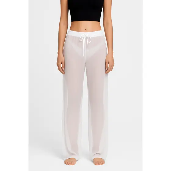 Calça em Malha de Tule Saída de Praia Verão Moda Praia Linhas Tropicais Off-White