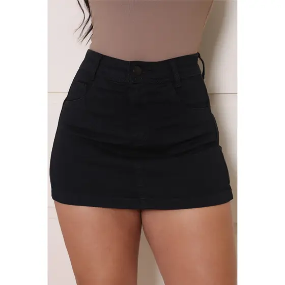 Shorts saia Jeans feminino Preto  cintura alta  lançamento