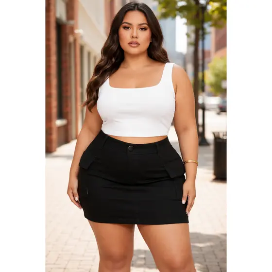 Short Saia Jeans Feminino Plus Size Cintura Alta Com Lycra E Detalhes blogueirinha.,..,