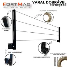 Varal Retratil Parede, Articulado em Aço, Suporta 60kg, Com cabo de aço encapado, Envio Imediato