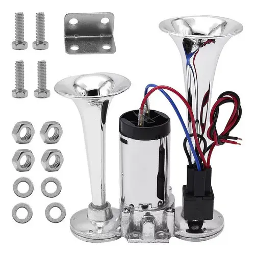 Buzina Duplo Cromada Ar 12v Universal + Compressor 600db Cone Aço Cromado