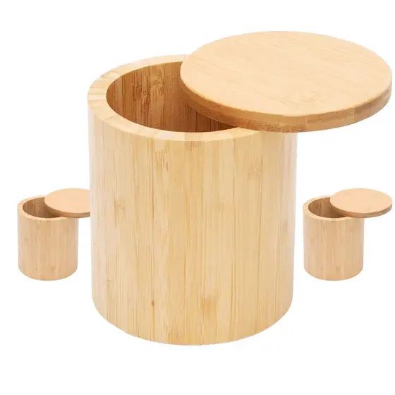 Kit 3x Potes Multiúso de Bambu Com Tampa Cozinha Mantimentos Sal Açucar Café
