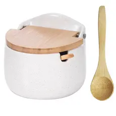 Saleiro Açucareiro Porcelana De Mesa Tampa Em Bambu e Colher