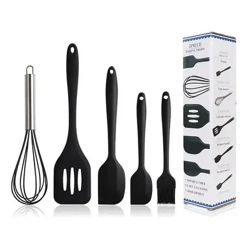 Kit Com 5 Utensílios De Cozinha Silicone Cabo Silicone