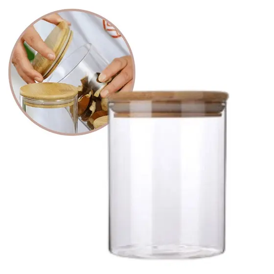Pote De Vidro Borocilicato Tampa de Bambu Para Mantimentos Empilhável Fechamento Hermético 400ml