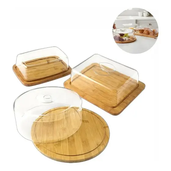 Kit Boleira + Porta Frios + Manteigueira Bambu Acrílico Pote