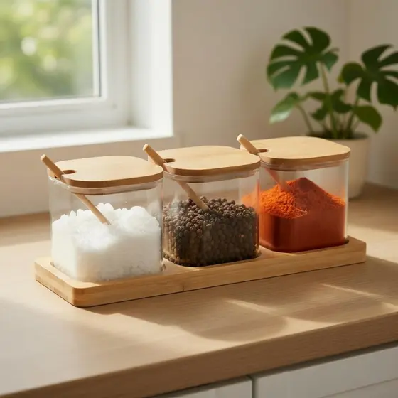 Kit 3 Potes 500ml Suporte Temperos Condimentos Vidro Bambu Bege