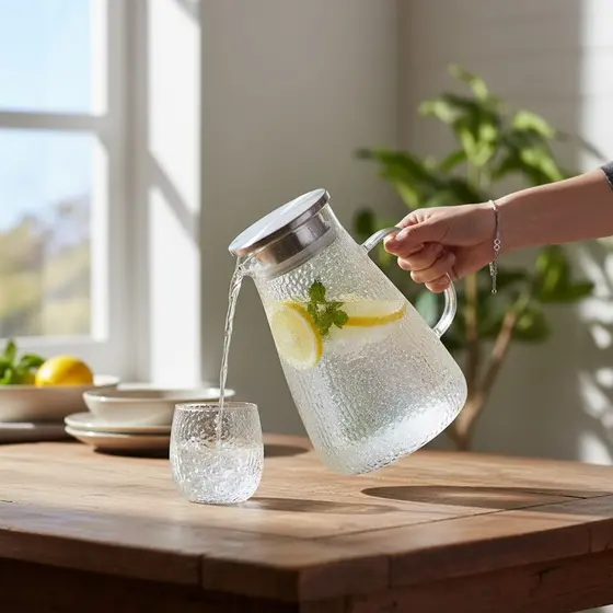Jarra Vidro Texturizado C/ Alça Tampa Inox 1800ml Suco Água Transparente