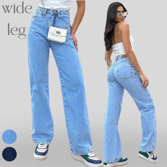 Calça jeans feminina cintura alta wide leg tecido 100% algodão – Estilo, Conforto e Versatilidade