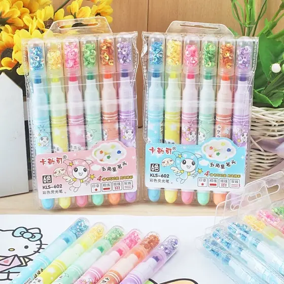 6 Cores Marca Texto Ponta Estrela e Lantejoulas Com Glitter no Tampa Papelaria/Escritório/Escola