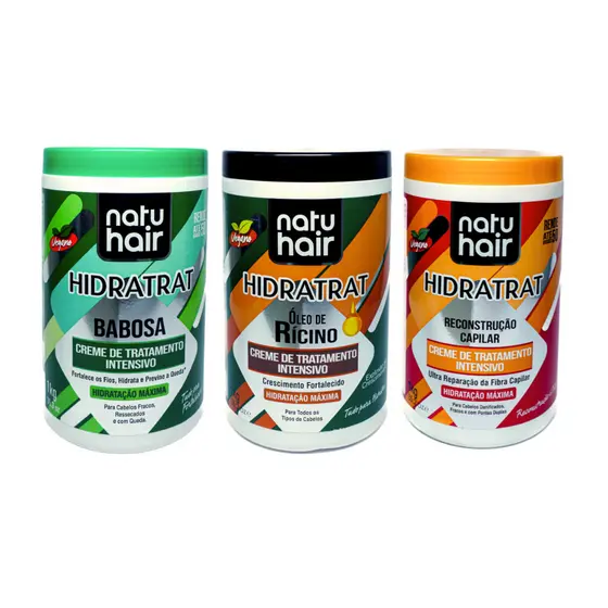Kit Cronograma Capilar Babosa + Óleo de Rícino + Reconstrução Capilar NatuHair 1kg