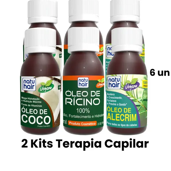 2 Kits Terapia Capilar Óleo de Coco + Rícino + Alecrim Natuhair 60ml - (6 UN)