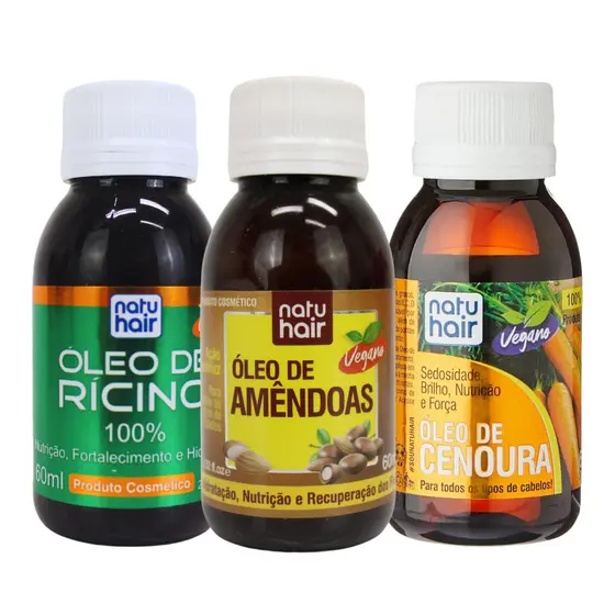 Kit Nutrição Profunda NatuHair – Óleo de Rícino + Óleo de Amêndoas + Óleo de Cenoura