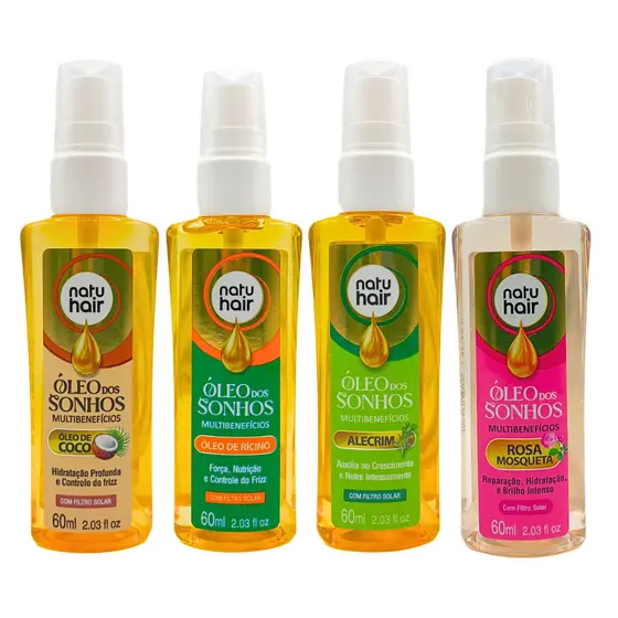 Kit Óleo dos sonhos Coco + Rícino + Alecrim + Rosa Mosqueta Natuhair 60ml