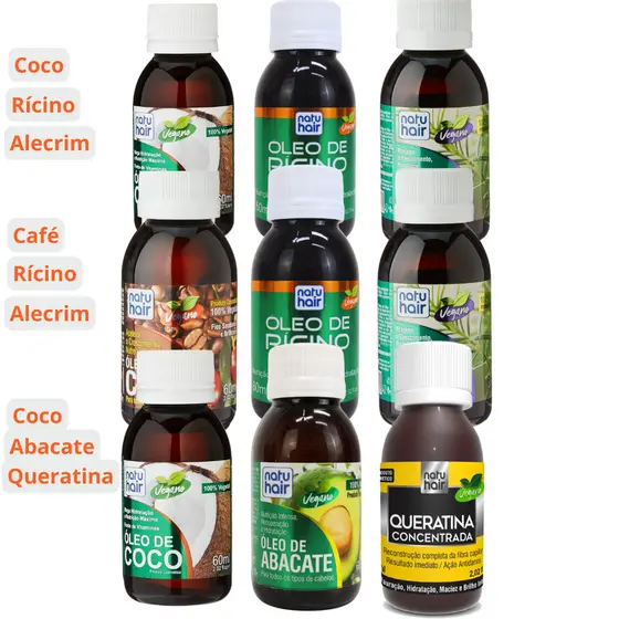 Kit Umectação Capilar Completa Natuhair 60 ml Óleo de Coco+Rícino+Alecrim+Café+Abacate+Queratina