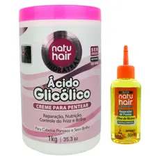 Kit Creme para pentear Ácido Glicólico Natuhair + Reparador de Pontas Óleo de Rícino 60ml