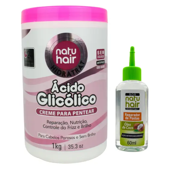 Kit Creme para pentear Ácido Glicólico Natuhair + Reparador de Pontas Óleo de Coco 60 ml
