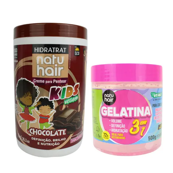 Kit Creme para Pentear Chocolate + Gelatina modeladora de cachos 3 em 1 Natuhair 500g