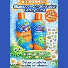 Kit Shampoo + Condicionador Infantil Beauty Slime 200ml Hipoalergênico + 15 Tattoos