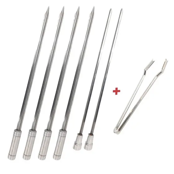 Kit 6x Espetos Inox 40cm Espada, Coração E Pegador De Carnes