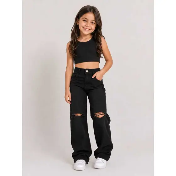 Calça Jeans Wide Leg  Rasgada Juvenil