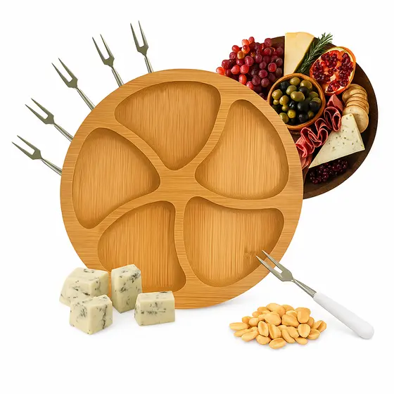 Kit Petisqueira Redonda + 6 Garfos Para Frios e Queijos Gamela MDF