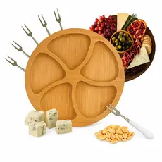 Kit Petisqueira Redonda + 6 Garfos Para Frios e Queijos Gamela MDF