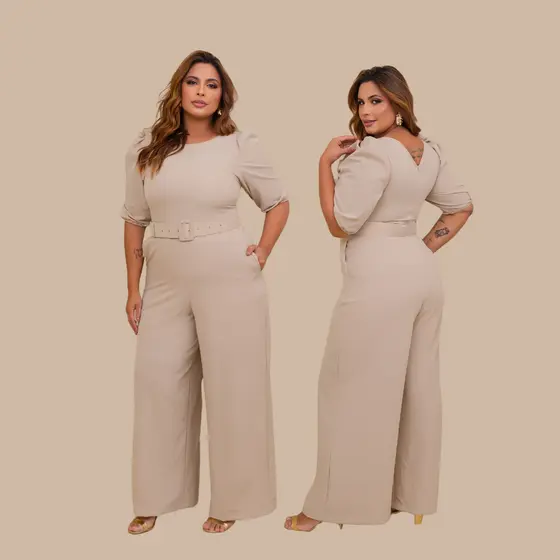 Macacão Pantalona com Manga e Cinto Coberto, Festa, Madrinha, Plus Size, Moda Evangélica