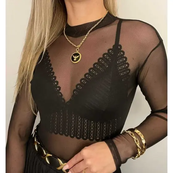 Body Tule Lurex Brilho Feminino Manga Comprida / Bodi Brilho Moda Blogueiras