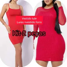 Kit 2 Peças  Vestido  Com FORRO Em Tule Manga Comprida Moda Feminina .