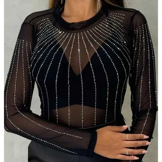 Body Feminino Em Tule Transparente Com Pedrarias Strass  Manga Comprida/Bodi Com Brilhos.