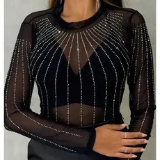 Body Feminino Em Tule Transparente Com Pedrarias Strass  Manga Comprida/Bodi Com Brilhos.