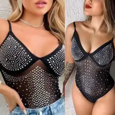 Body Feminino com  Strass em Tule Transparente Alça Fina Regulavel Com Bojo .