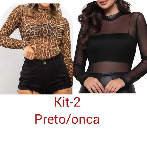 KIT-2 Body feminino Tule Animal Print Bori Transparente Liso e estampado Manga Comprida.
